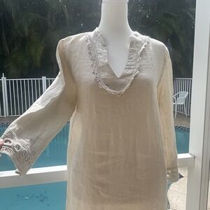 Via Signoria Dress Women Medium Pure Linen Beige Boho Lace Made In Italy NWT